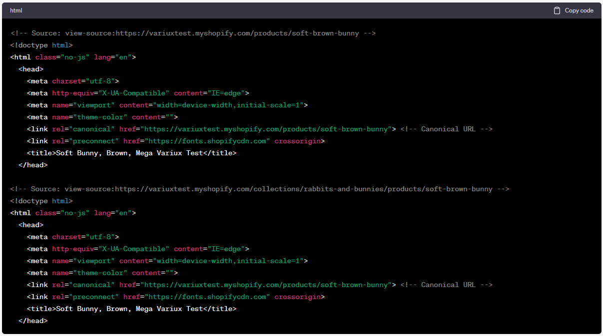 Shopify canonical product url comparison between collections page and product page.